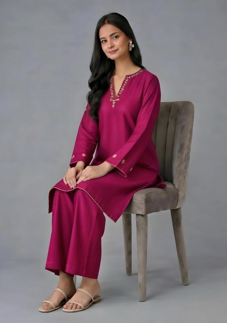 Pink Embroidery Rayon Kurta Set - Indya
