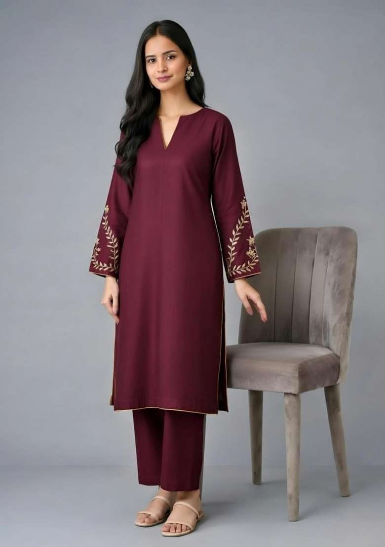 Maroon Embroidery Rayon Kurta Set - Indya