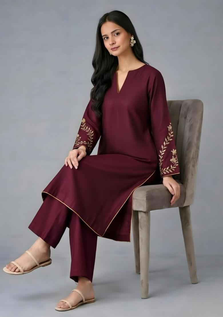Maroon Embroidery Rayon Kurta Set - Indya