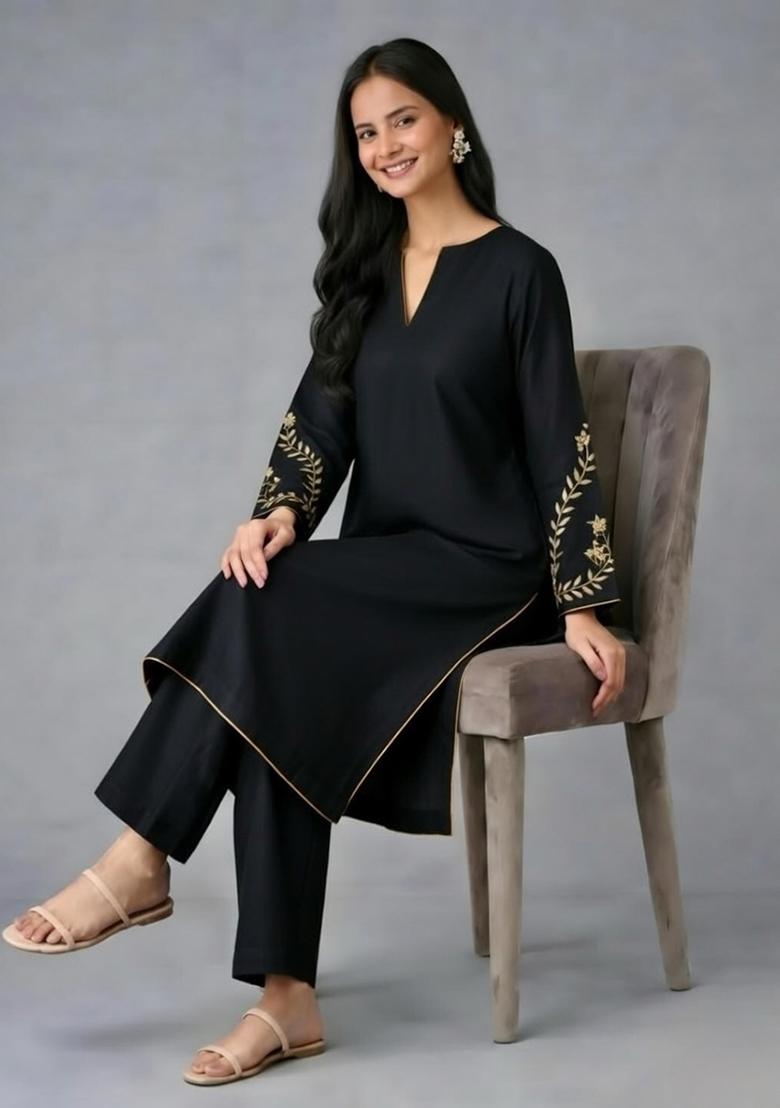 Black Embroidery Rayon Kurta Set - Indya