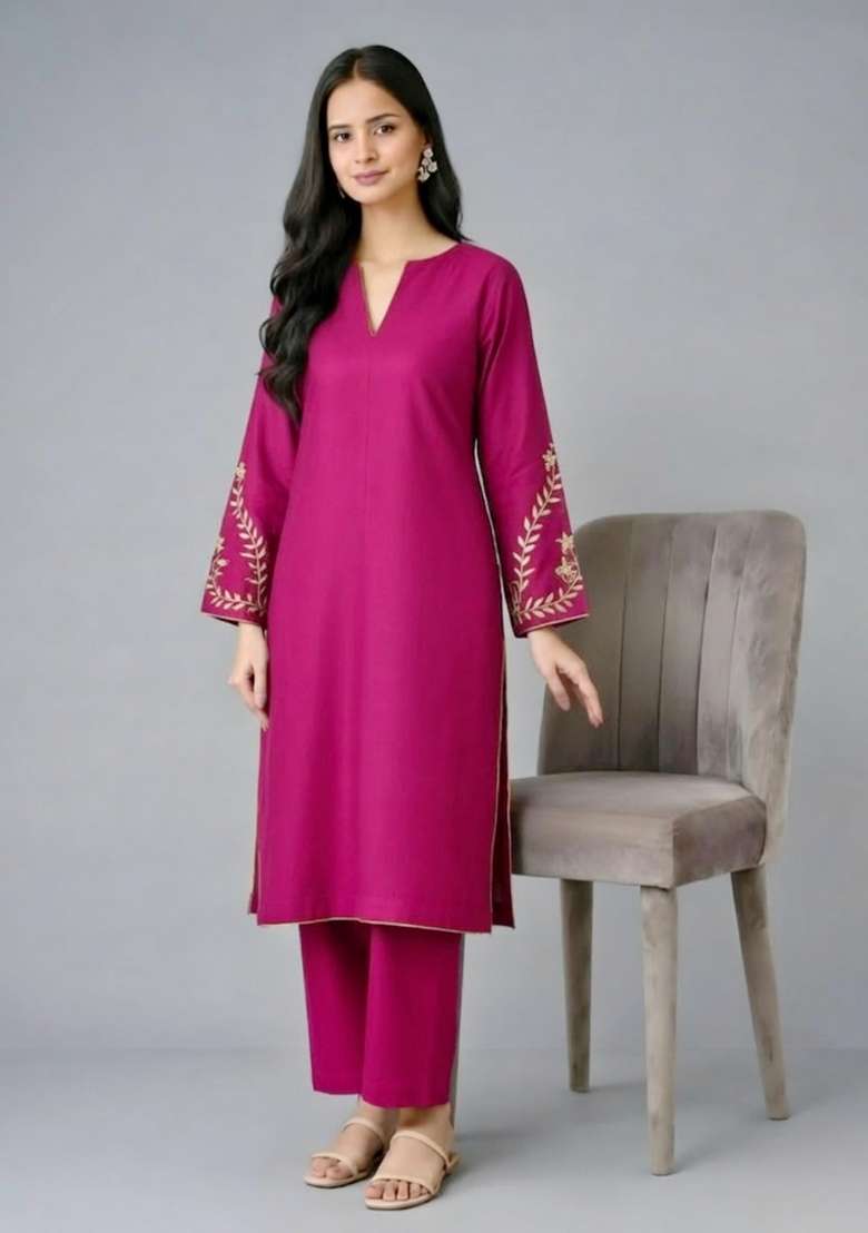Pink Embroidery Rayon Kurta Set - Indya