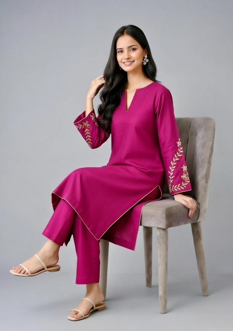 Pink Embroidery Rayon Kurta Set - Indya