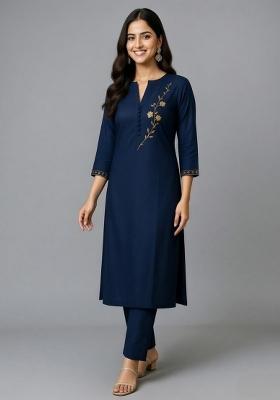 Navy Embroidery Rayon Kurta Set