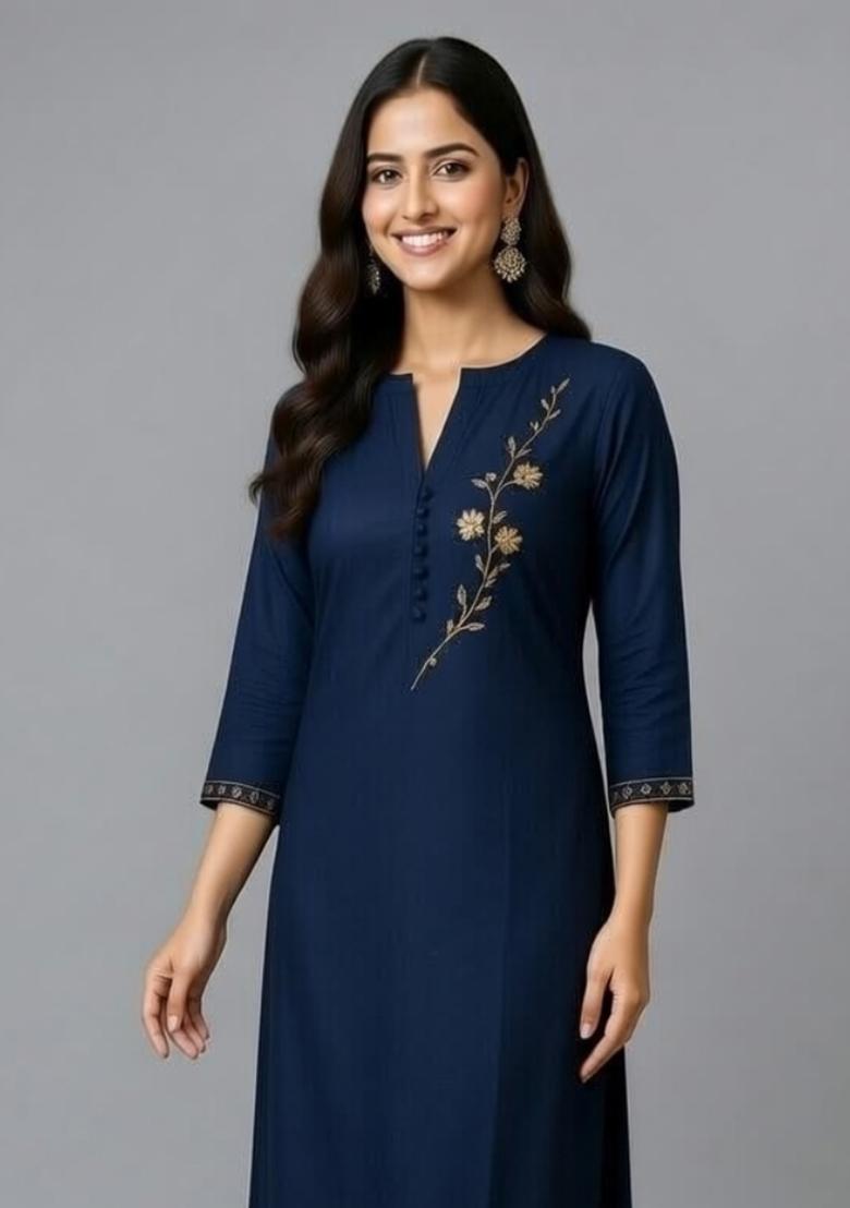 Navy Embroidery Rayon Kurta Set - Indya