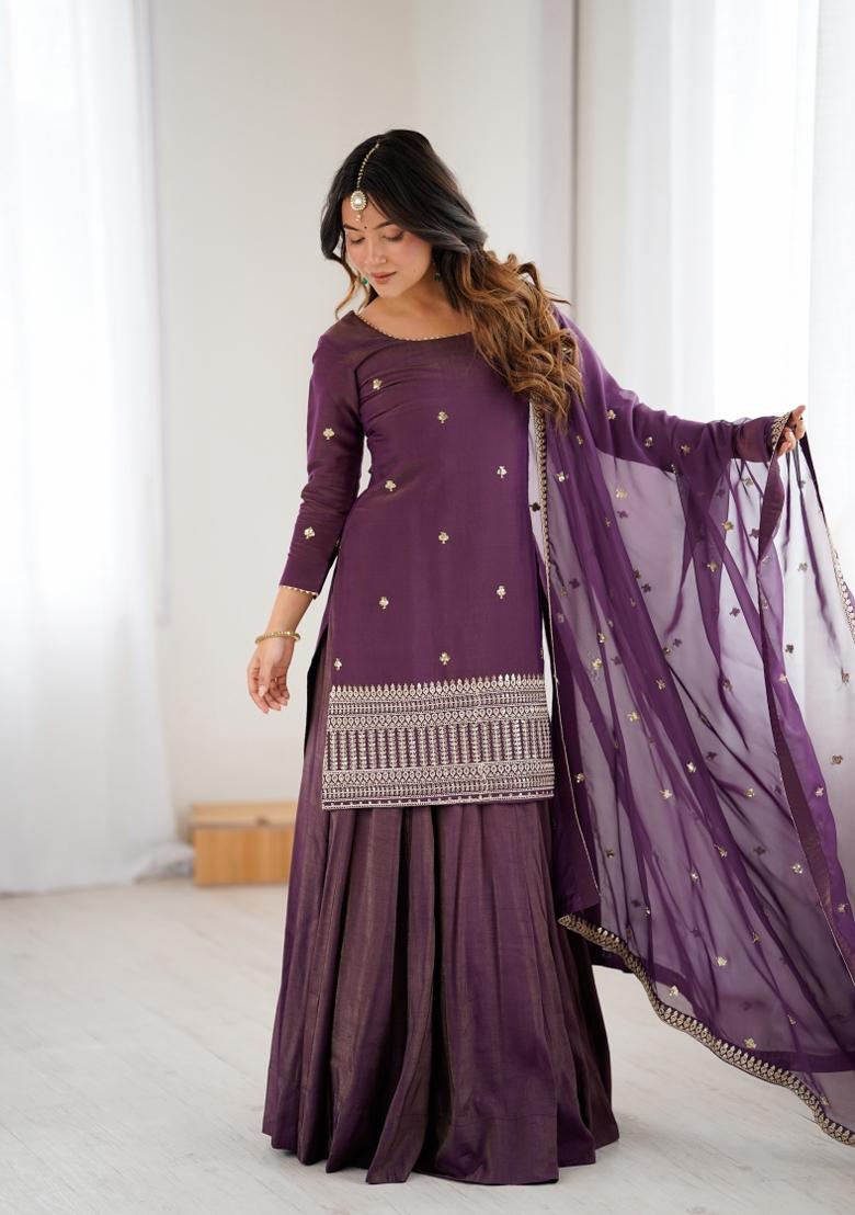 Wine Embroidery Silk Sharara Set - Indya