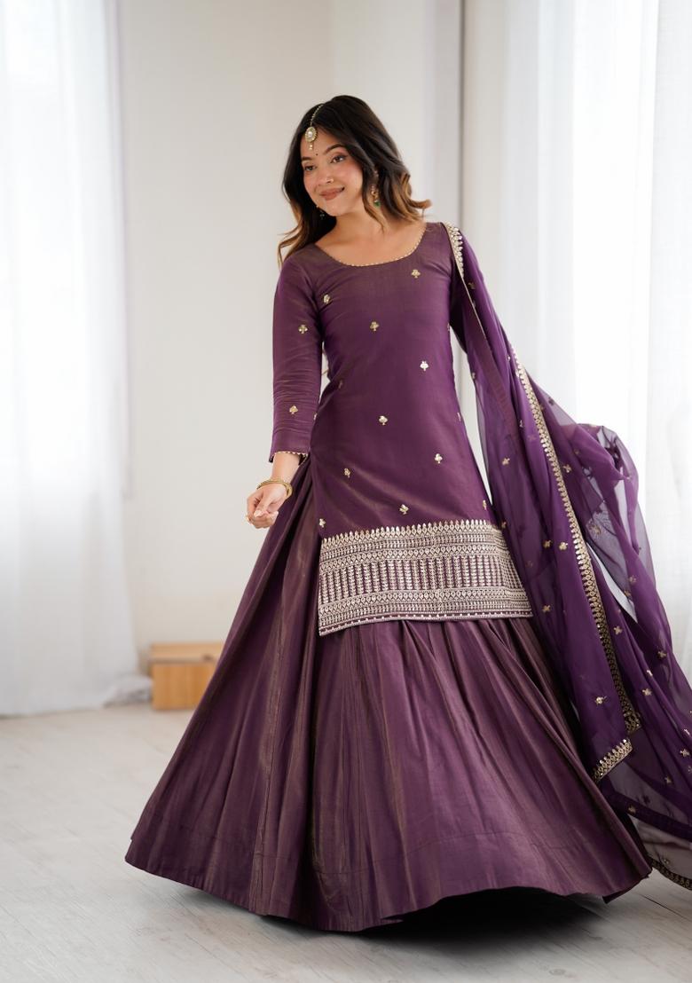 Wine Embroidery Silk Sharara Set - Indya