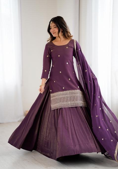 Wine Embroidery Silk Sharara Set