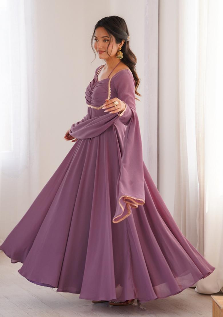 Lavender Yoke Design Georgette Gown With Dupatta - Indya