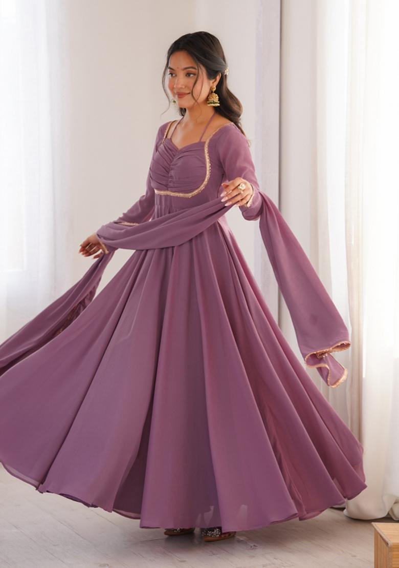 Lavender Yoke Design Georgette Gown With Dupatta - Indya