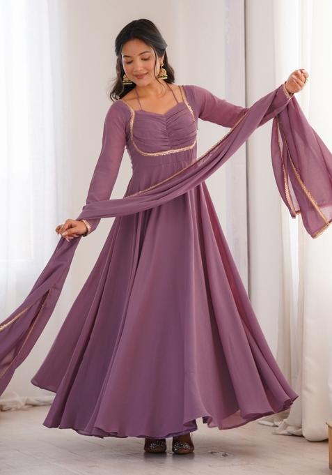Lavender Yoke Design Georgette Gown With Dupatta