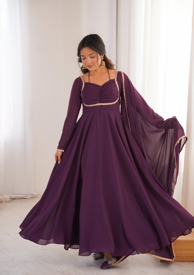 Wine Yoke Design Georgette Gown With Dupatta - Indya