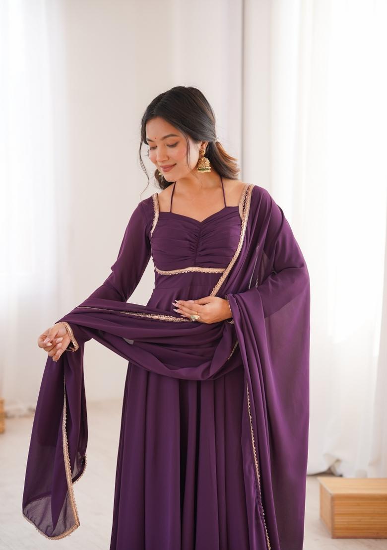 Wine Yoke Design Georgette Gown With Dupatta - Indya