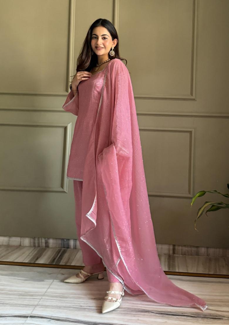 Pink Lace Work Silk Kurta Set - Indya