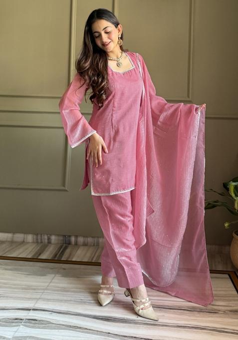 Pink Lace Work Silk Kurta Set