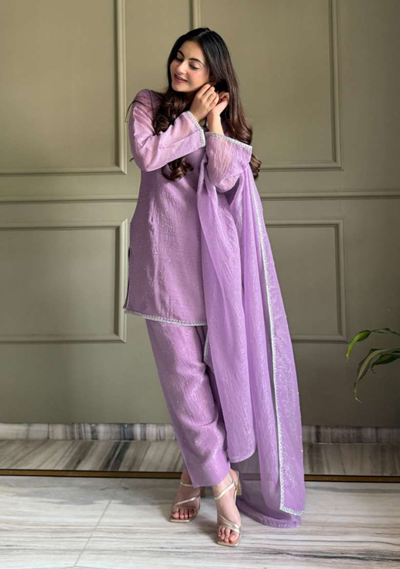 Lavender Lace Work Silk Blend Kurta Set - Indya