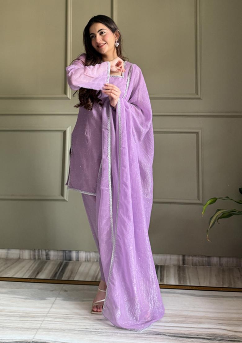 Lavender Lace Work Silk Kurta Set - Indya