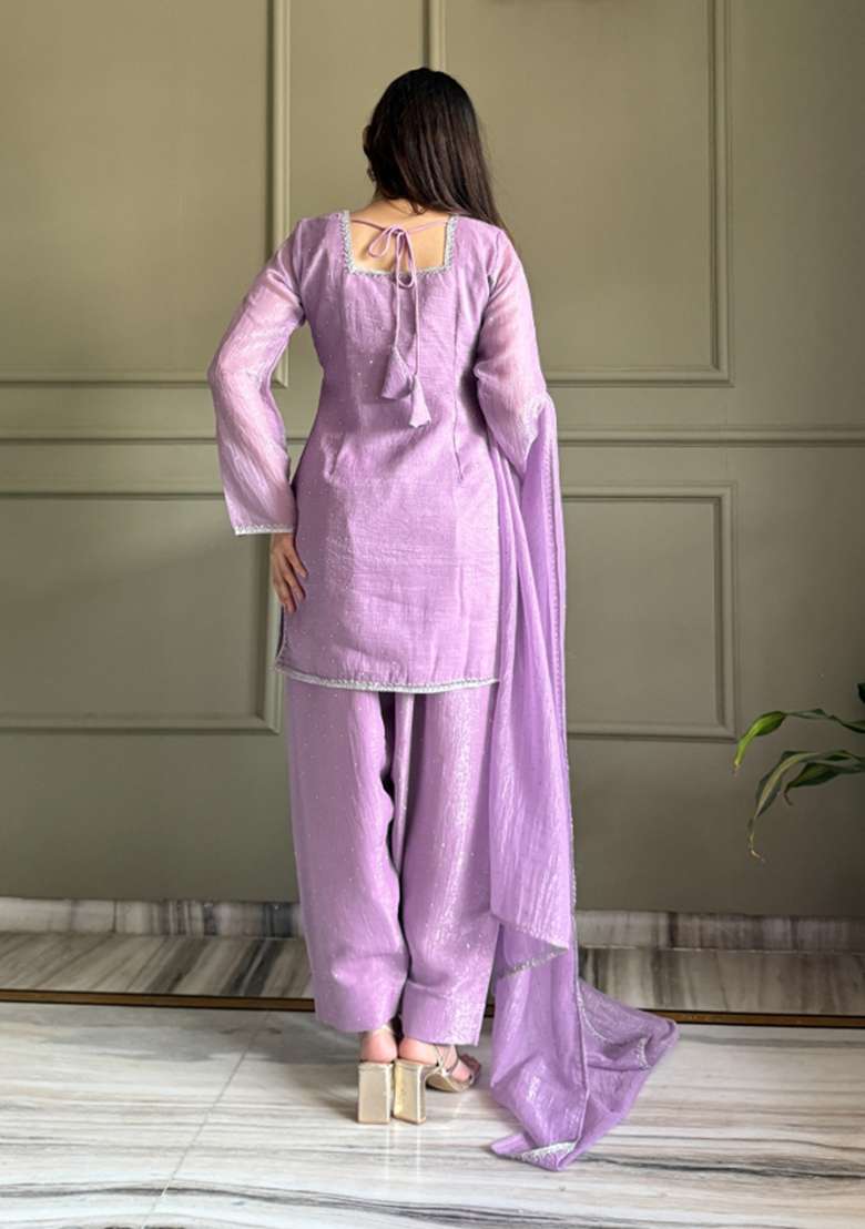 Lavender Lace Work Silk Blend Kurta Set - Indya