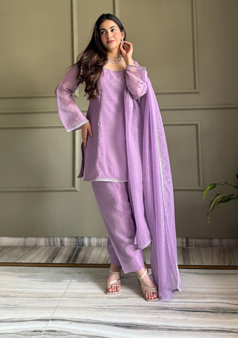 Lavender Lace Work Silk Kurta Set - Indya