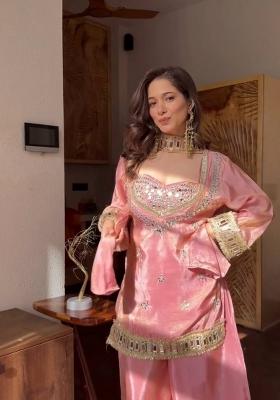 Pink Mirror Work Silk Palazzo Set