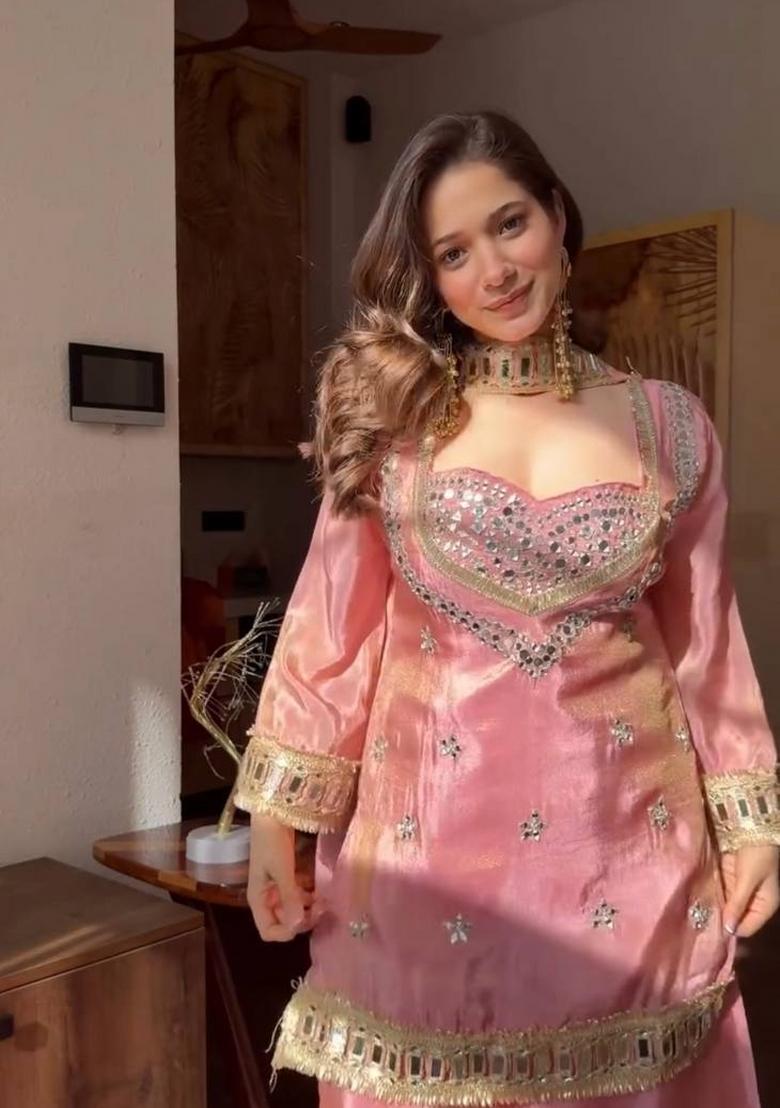 Pink Mirror Work Silk Palazzo Set - Indya