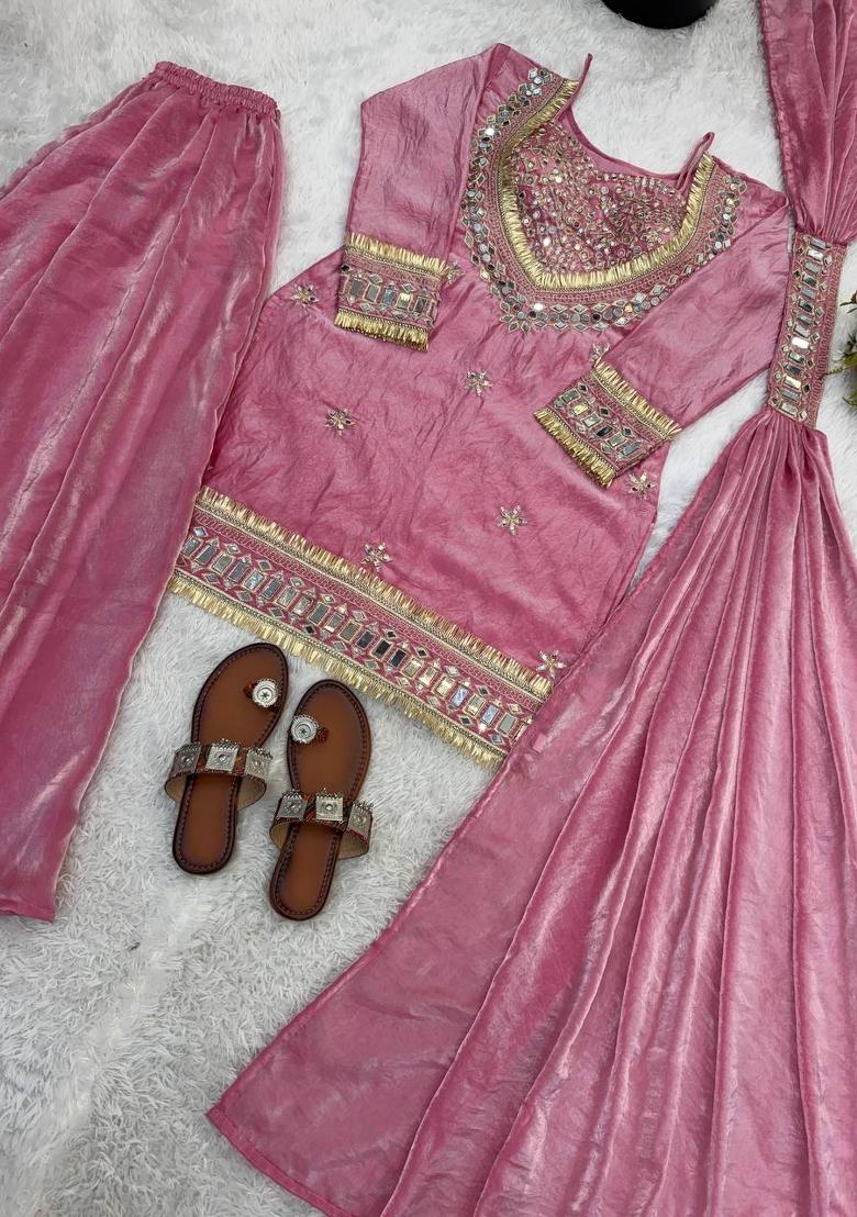Pink Mirror Work Silk Palazzo Set - Indya