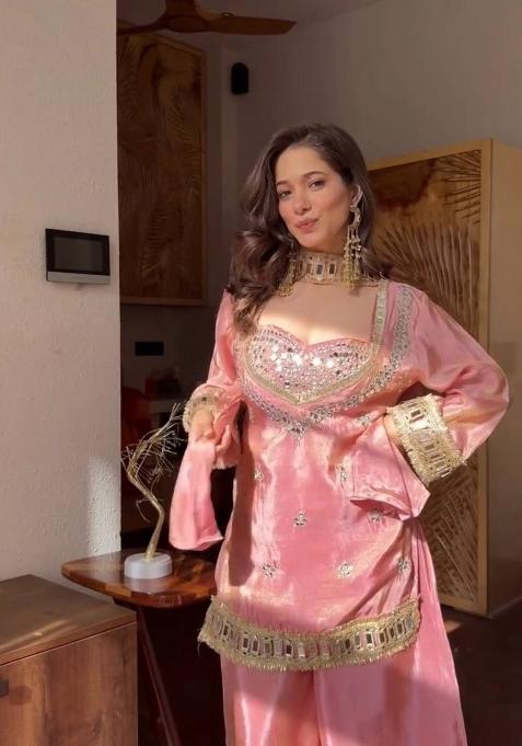 Pink Mirror Work Silk Palazzo Set