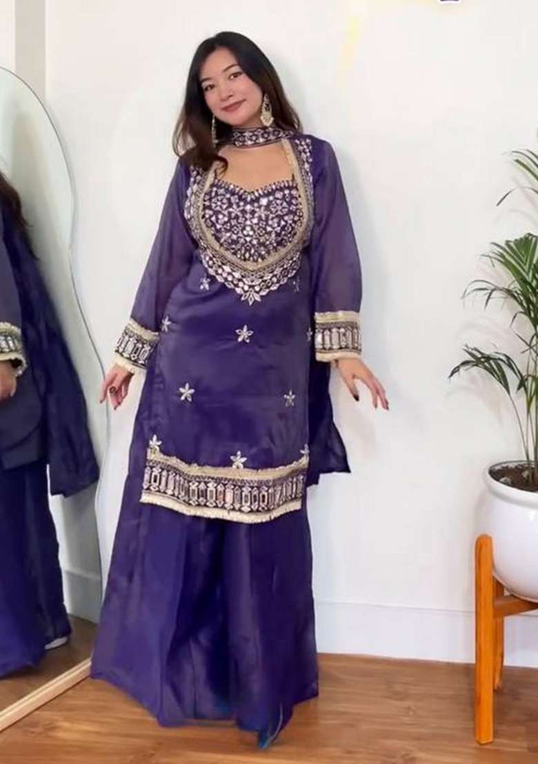 Purple Mirror Work Silk Palazzo Set - Indya