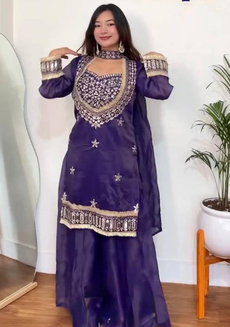 Purple Mirror Work Silk Palazzo Set - Indya