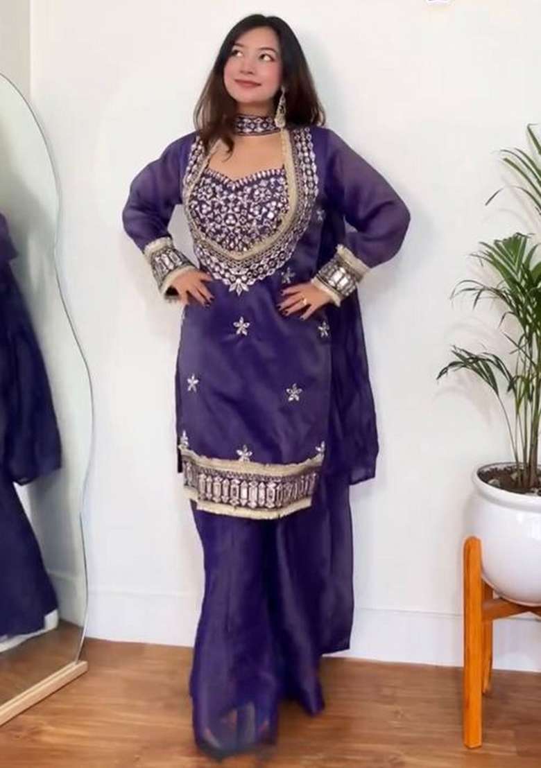 Purple Mirror Work Silk Palazzo Set - Indya