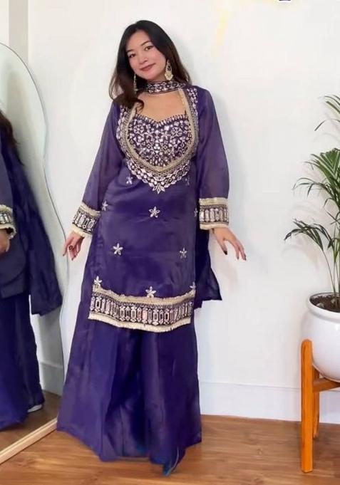 Purple Mirror Work Silk Palazzo Set