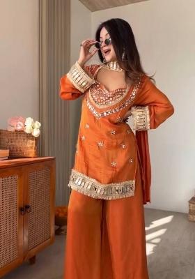 Rust Mirror Work Silk Palazzo Set