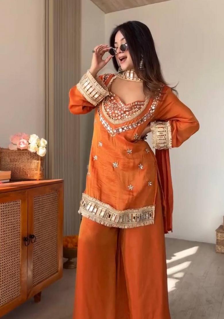 Rust Mirror Work Silk Palazzo Set - Indya