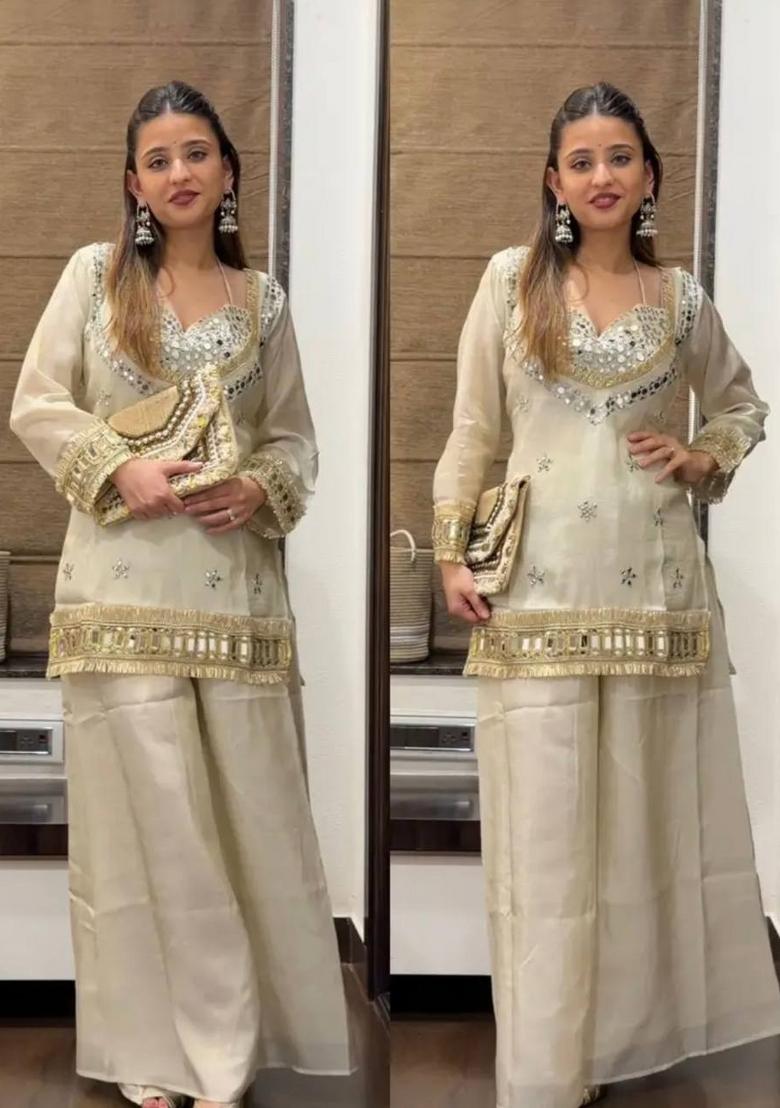 White Mirror Work Silk Palazzo Set - Indya