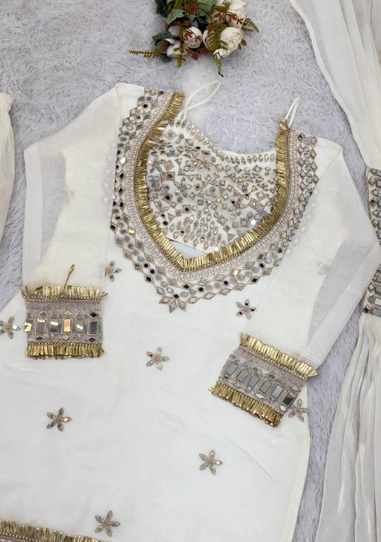 White Mirror Work Silk Palazzo Set - Indya