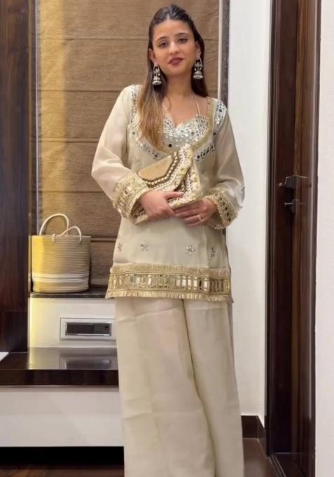 White Mirror Work Silk Palazzo Set
