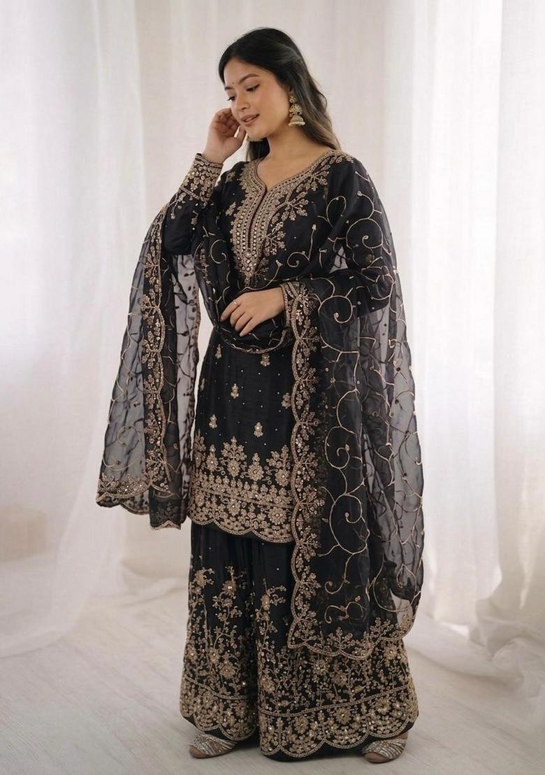 Black Embroidery Silk Sharara Set - Indya