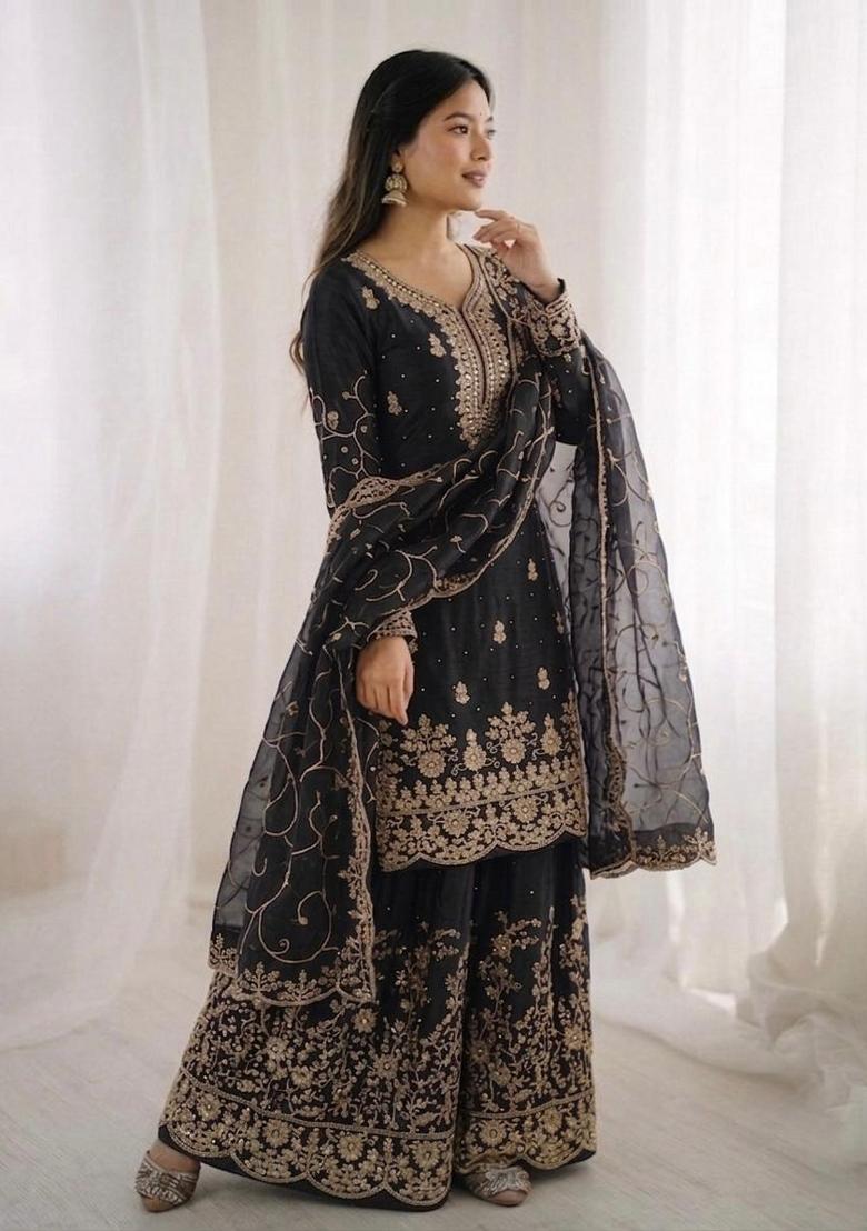 Black Embroidery Silk Sharara Set - Indya