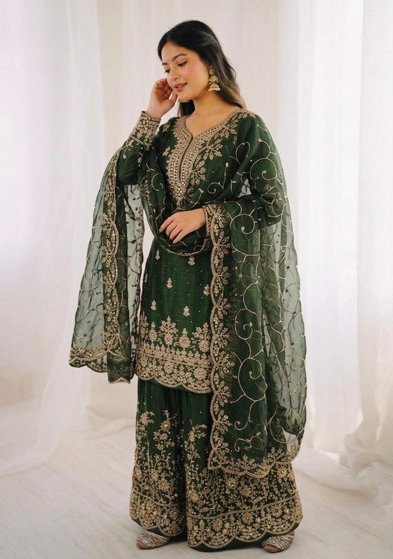 Green Embroidery Silk Sharara Set - Indya