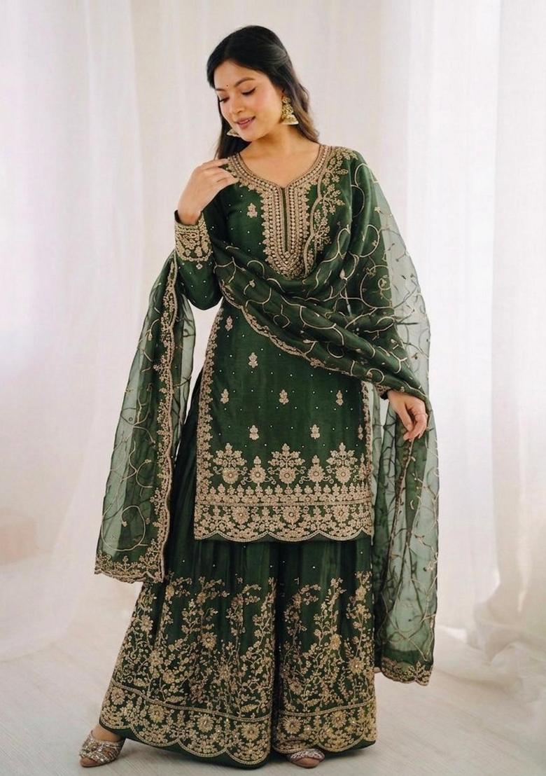 Green Embroidery Silk Sharara Set - Indya