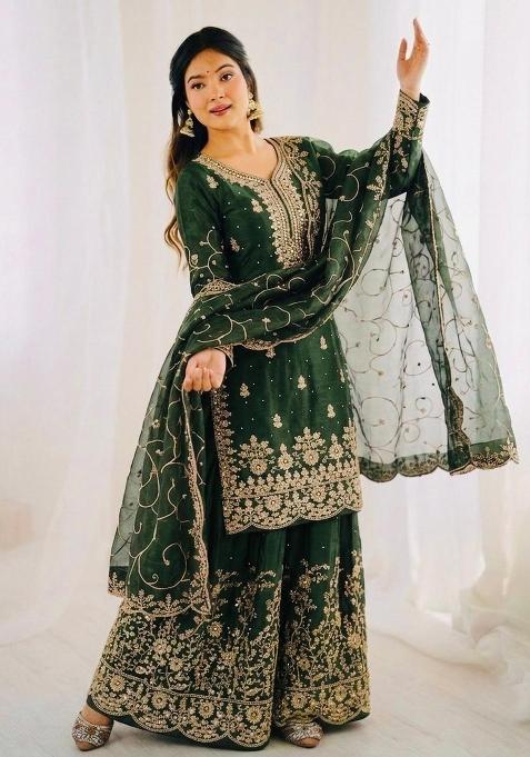 Green Embroidery Silk Sharara Set