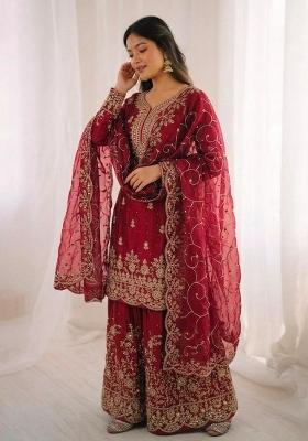 Maroon Embroidery Silk Sharara Set