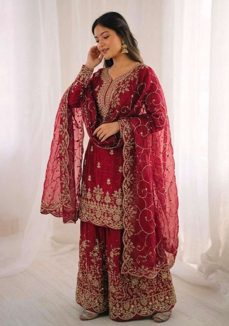 Maroon Embroidery Silk Sharara Set - Indya