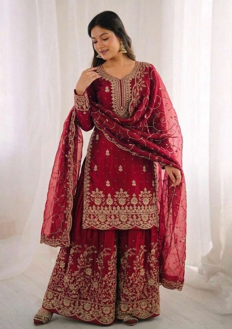 Maroon Embroidery Silk Sharara Set - Indya