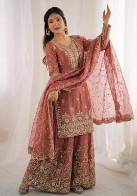 Peach Embroidery Silk Sharara Set