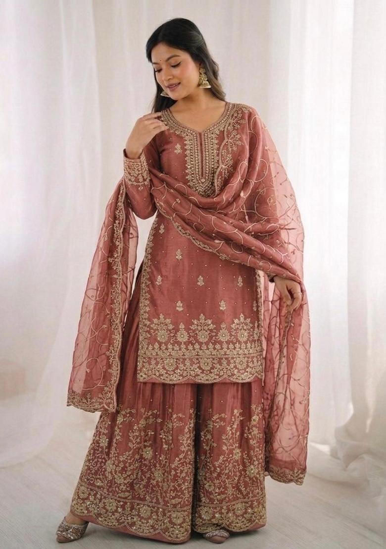 Peach Embroidery Silk Sharara Set - Indya