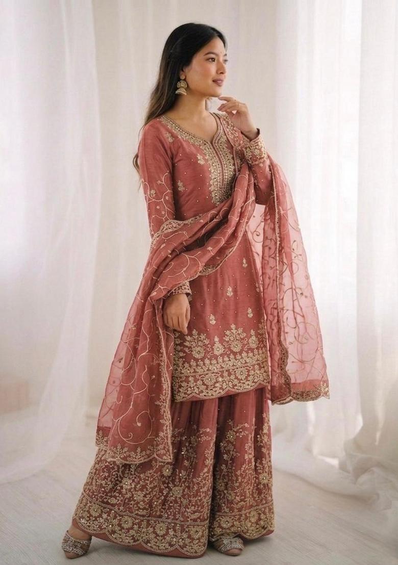 Peach Embroidery Silk Sharara Set - Indya
