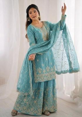 Sky Blue Embroidery Silk Sharara Set