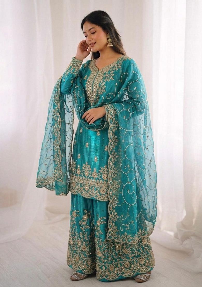 Sky Blue Embroidery Silk Sharara Set - Indya