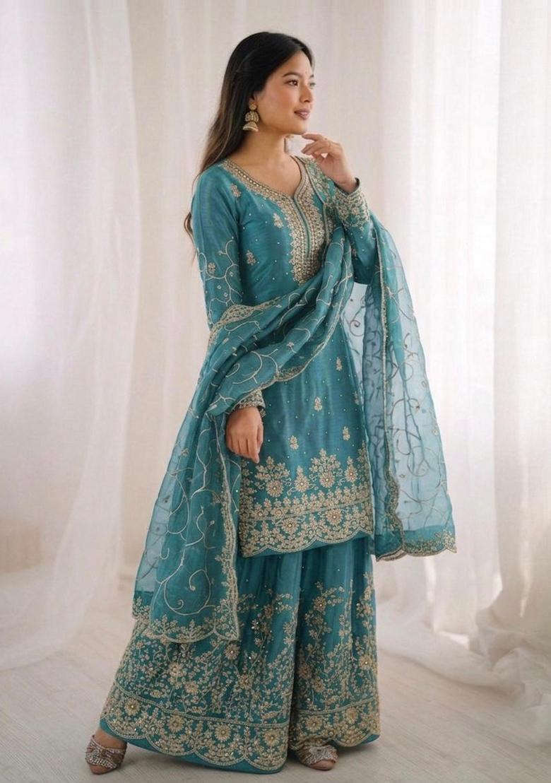 Sky Blue Embroidery Silk Sharara Set - Indya