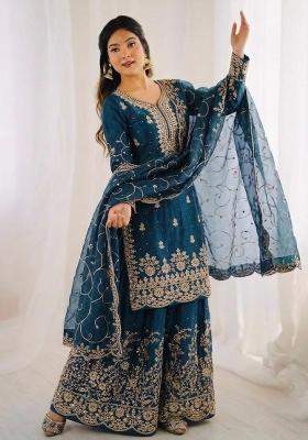 Teal Blue Embroidery Silk Sharara Set